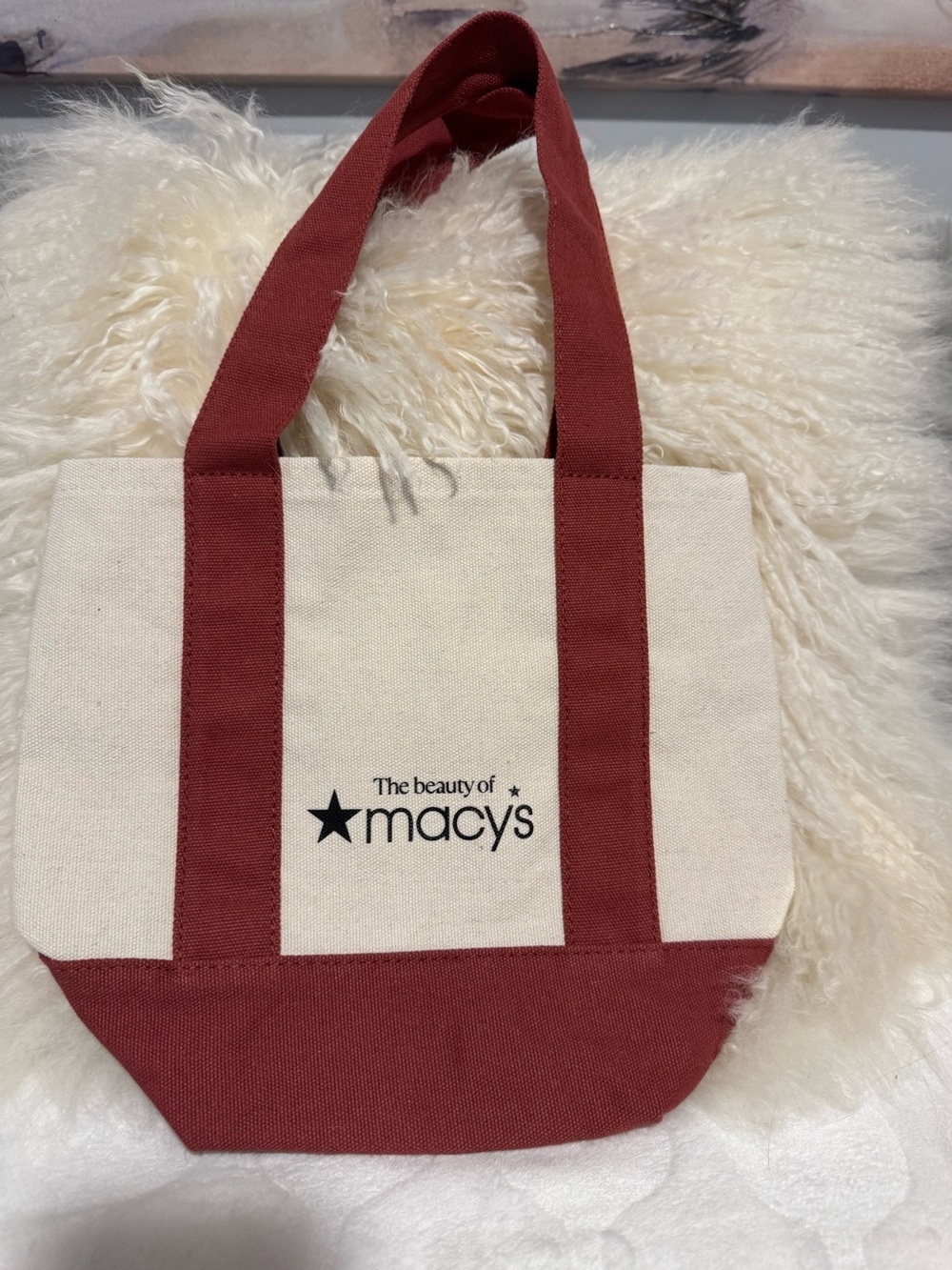 Macy's Cream Canvas Mini Tote Bag purse with Red Accents